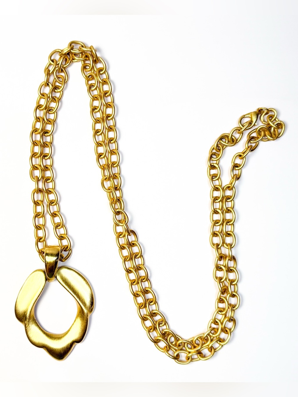 Vintage Express Bold Statement Necklace Pendant 36” Chain Brushed Gold Tone